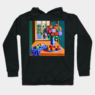 Still Life Painting with Colorful Flowers in a Blue Vase Hoodie